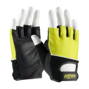 PIP Maximum Safety® Leather Palm Lifting Gloves with Reinforced Padded Palm Insert - Hi-Vis Yellow Cotton Back