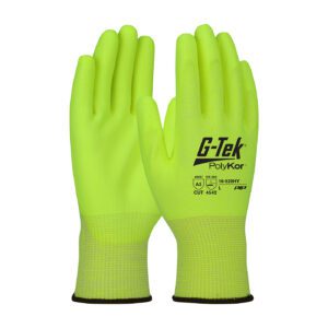 G-Tek® PolyKor® Hi-Vis Seamless Knit PolyKor® Blended Glove with Polyurethane Coated Flat Grip on Palm & Fingers