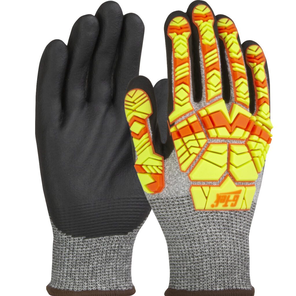 G-Tek® PolyKor® Seamless Knit PolyKor® Blended Glove with Hi-Vis Impact Protection and Nitrile Foam Coated Palm & Fingers