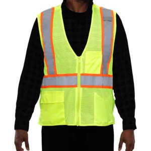 Reflective Apparel Safety Vest: Hi-Vis Vest: 5pt Breakaway: Zip Lime Mesh: Contrasting DOT