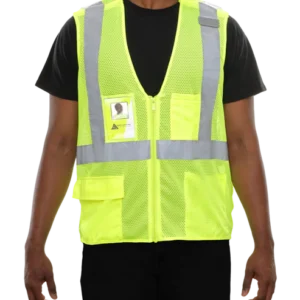 Reflective Apparel Safety Vest: Clear ID Pocket: 5pt Breakaway: X-Back Lime Zip Mesh