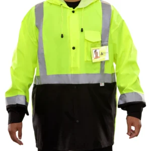 Reflective Apparel Safety Rain Jacket: Lightweight Waterproof Hi-Vis Jacket 2-Tone: Adjustable Hood