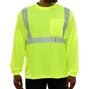 Reflective Apparel Hi-Vis Long Sleeve Lime Birdseye Pocket Safety T-Shirt