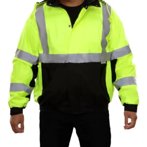 Reflective Apparel Safety Jacket: Hi-Vis Bomber: Breathable Waterproof: Hood: Lime 2-Tone