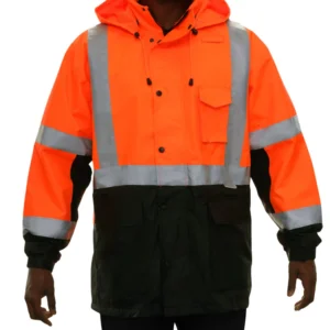 Reflective Apparel Safety Jacket: Hi-Vis Parka Coat: Breathable Waterproof Hooded: 2-Tone Orange