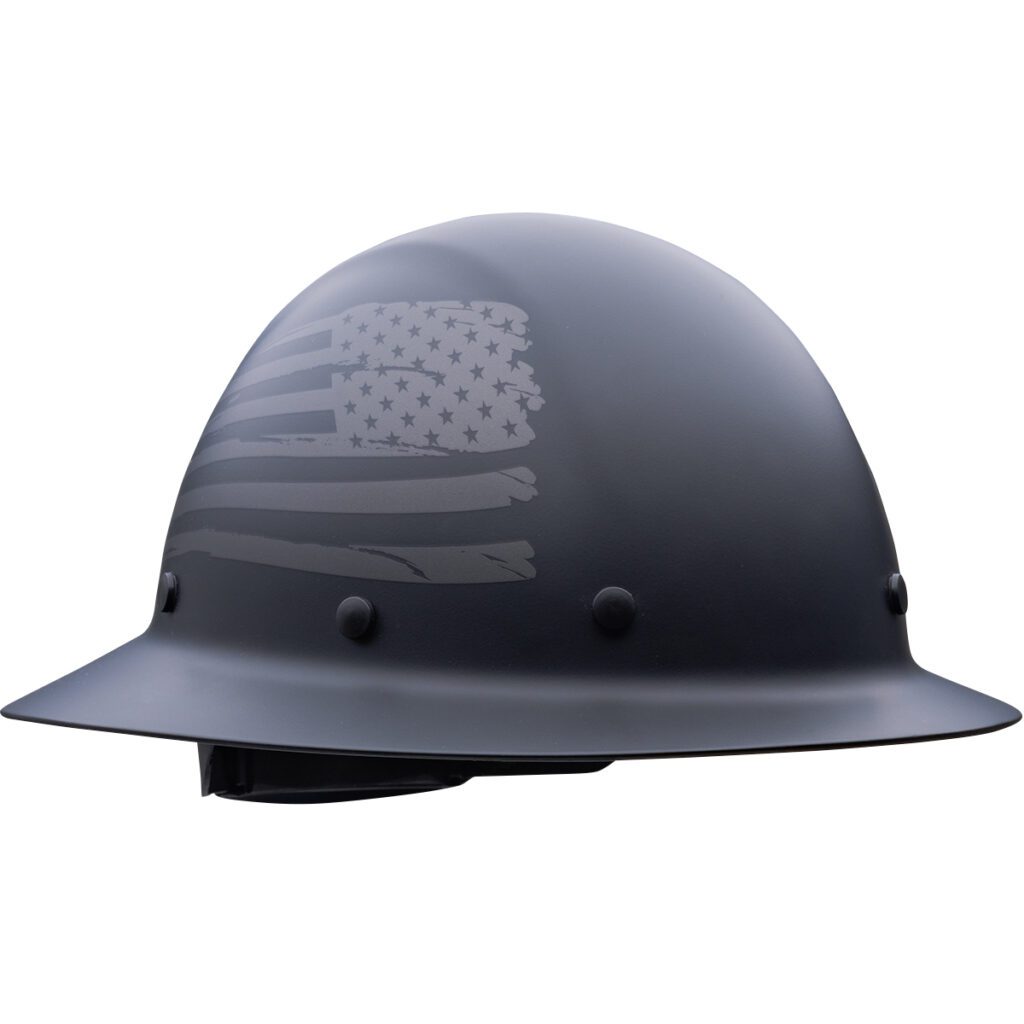 PIP® Wolfjaw™ Full Brim Smooth Dome Hard Hat with Fiberglass Resin Shell, Graphic USA Flag Design, 8-Point Riveted Textile Suspension and Wheel-Ratchet Adjustment