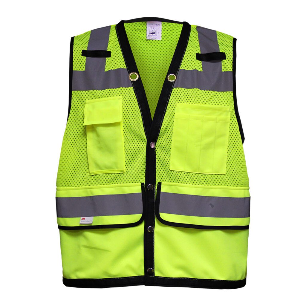 PIP ANSI Type R Class 2 Twelve Pocket Mesh Surveyors Vest with Black Trim