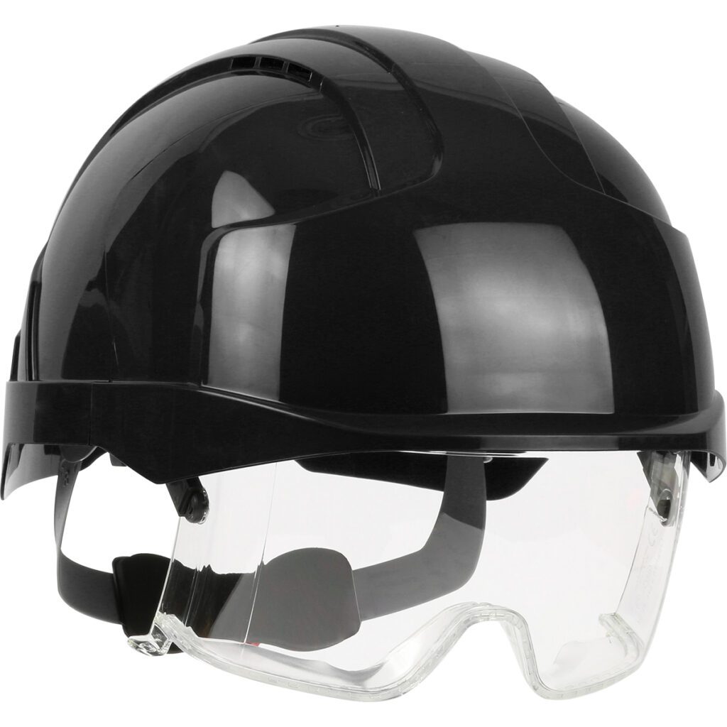 PIP JSP® EVO® VISTAlens™ Type I, Vented Industrial Safety Helmet with Lightweight ABS Shell, Integrated ANSI Z87.1 Eye Protection, 6-Point Polyester Suspension and Wheel Ratchet Adjustment