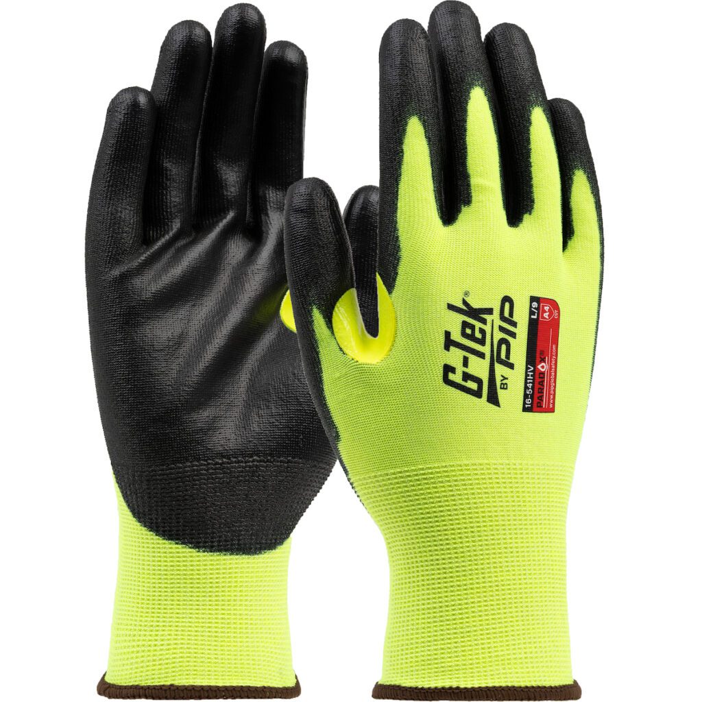 PIP G-Tek® Paradox™ Hi-Vis Seamless Knit PolyKor® Blended Glove with Polyurethane Coated Flat Grip on Palm & Fingers - 21 Gauge - Touchscreen