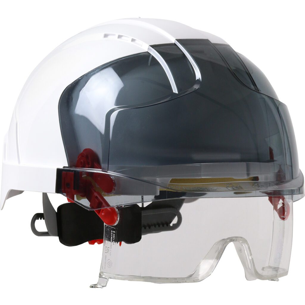 PIP JSP® EVO® VISTAlens™ VISTAlens™ Type I, Non-vented Industrial Safety Helmet with Lightweight ABS Shell, Integrated ANSI Z87.1 Eye Protection, 6-Point Polyester Suspension and Wheel Ratchet Adjustment
