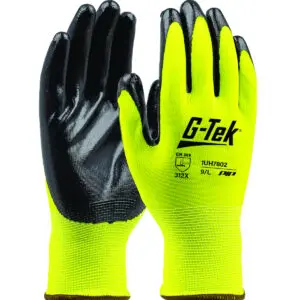 PIP G-Tek® Hi-Vis Seamless Knit Polyester Glove with Nitrile Coated Smooth Grip on Palm & Fingers