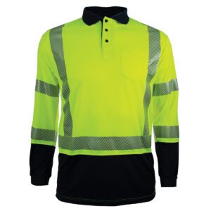 PIP Reflective Apparel™ ANSI Type R Class 3 Long Sleeve Moisture Wicking Polo Shirt with Navy Bottom and UPF 35 Sun Protection