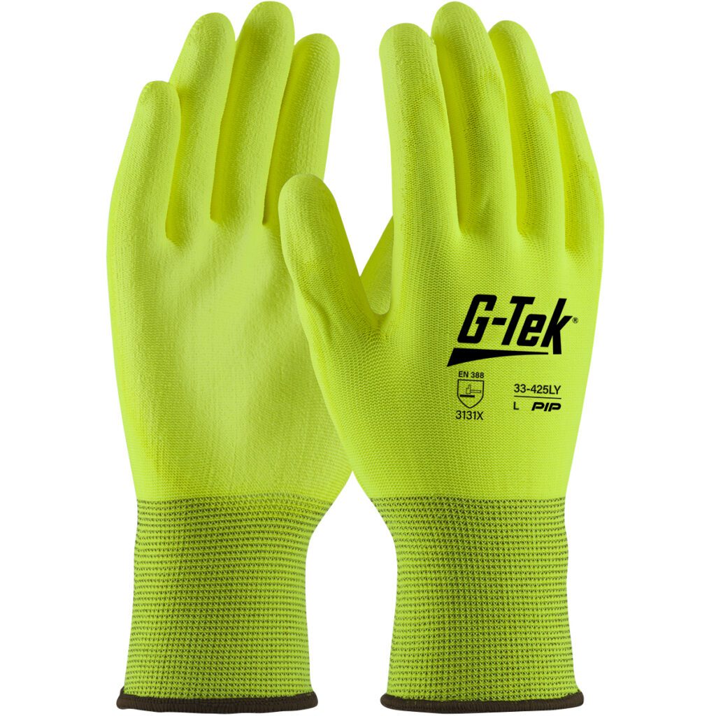 PIP G-Tek® Hi-Vis Seamless Knit Polyester Glove with Hi-Vis Polyurethane Coated Flat Grip on Palm & Fingers