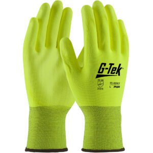 PIP G-Tek® Hi-Vis Seamless Knit Polyester Glove with Hi-Vis Polyurethane Coated Flat Grip on Palm & Fingers