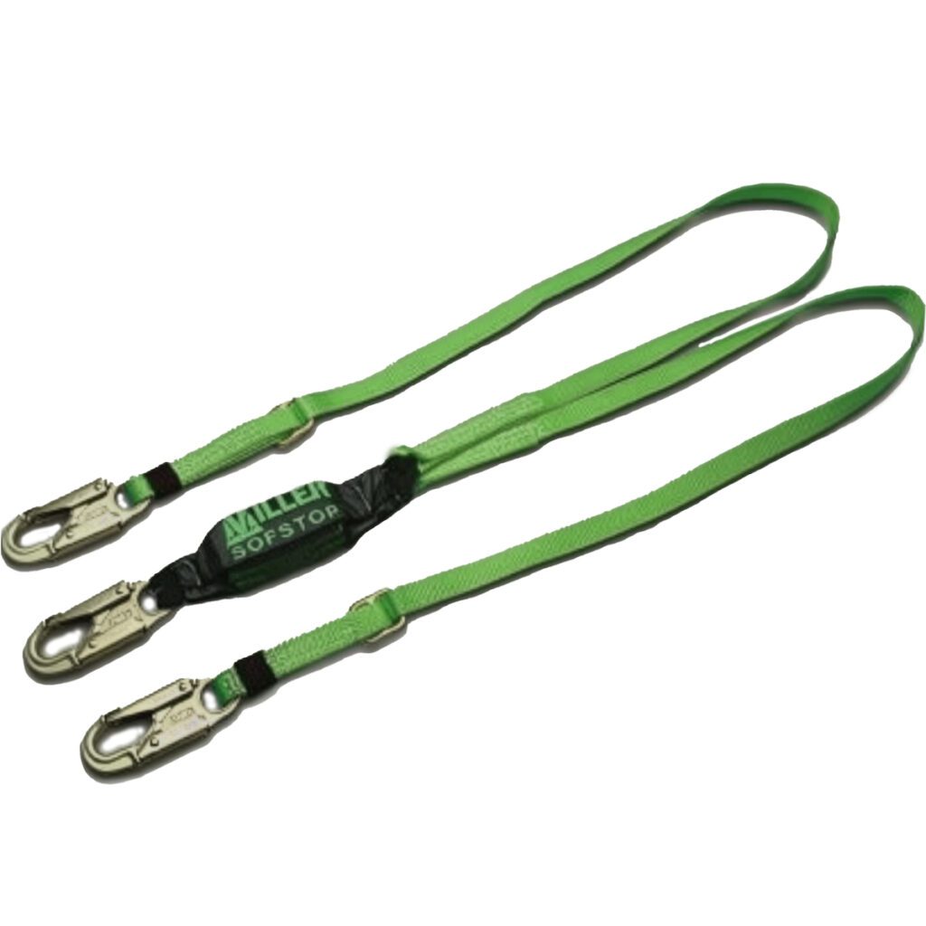 PIP Miller® HP™ Double Leg Web Lanyard, with SofStop® Energy Absorber, Locking Snap Hook and Locking Rebar Hook