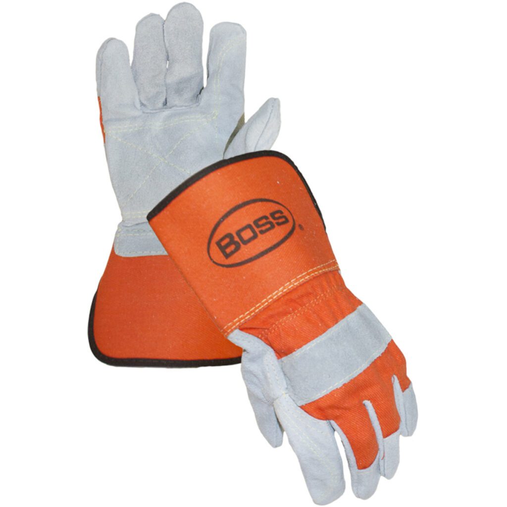 PIP Boss® Superior Grade Split Cowhide Leather Double Palm Glove with Canvas Back and Aramid Stitching - Rubberized Gauntlet Cuff