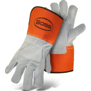 PIP Boss® Superior Grade Split Cowhide Leather Double Palm Glove with Full Leather Back and Aramid Stitching - Rubberized Gauntlet Cuff