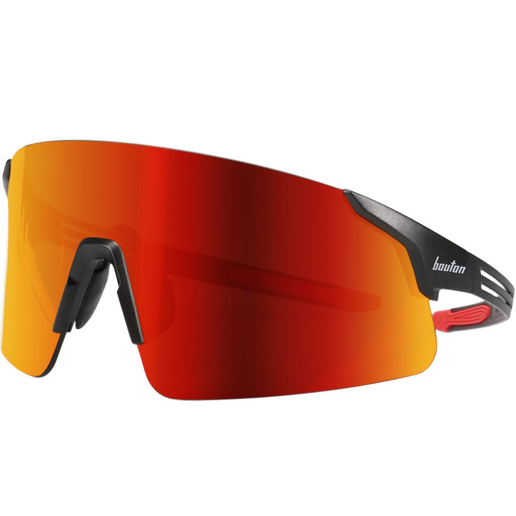 PIP Bouton® Optical Site Boss Enhanced Coverage Frameless Safety Glasses, with Black Temples, Fire Mirror Plus PRO Polarized High Contrast Lens, and Anti-Scratch Coating