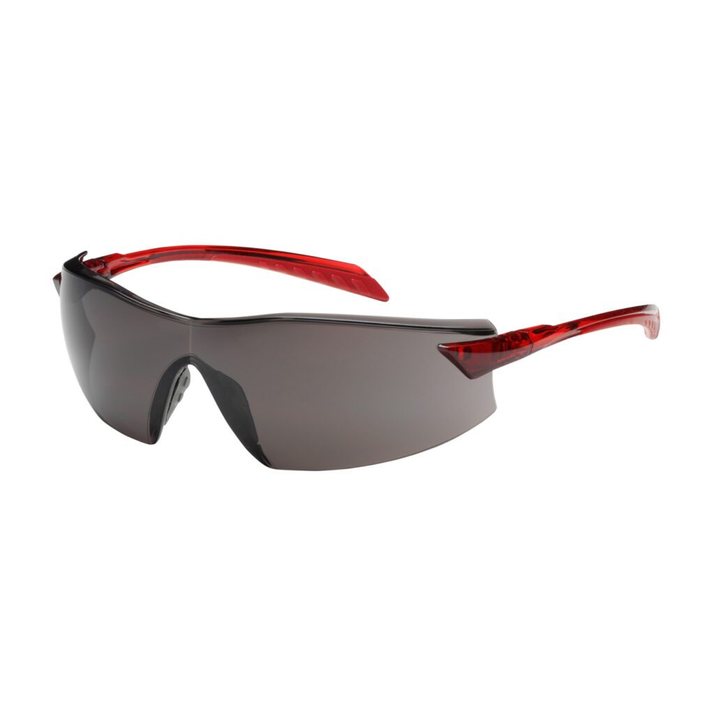 PIP Bouton® Optical Radar™ Rimless Safety Glasses with Red Temple, Gray Lens and Anti-Scratch / Anti-Fog Coating
