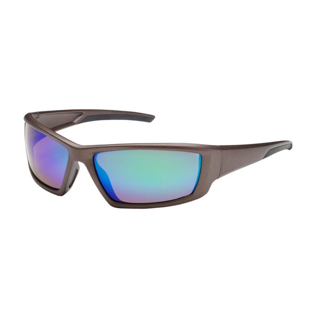PIP Bouton® Optical Sunburst™ Full Frame Safety Glasses with Brown Frame, Green Mirror Plus Lens and Anti-Scratch / Anti-Reflective Coating