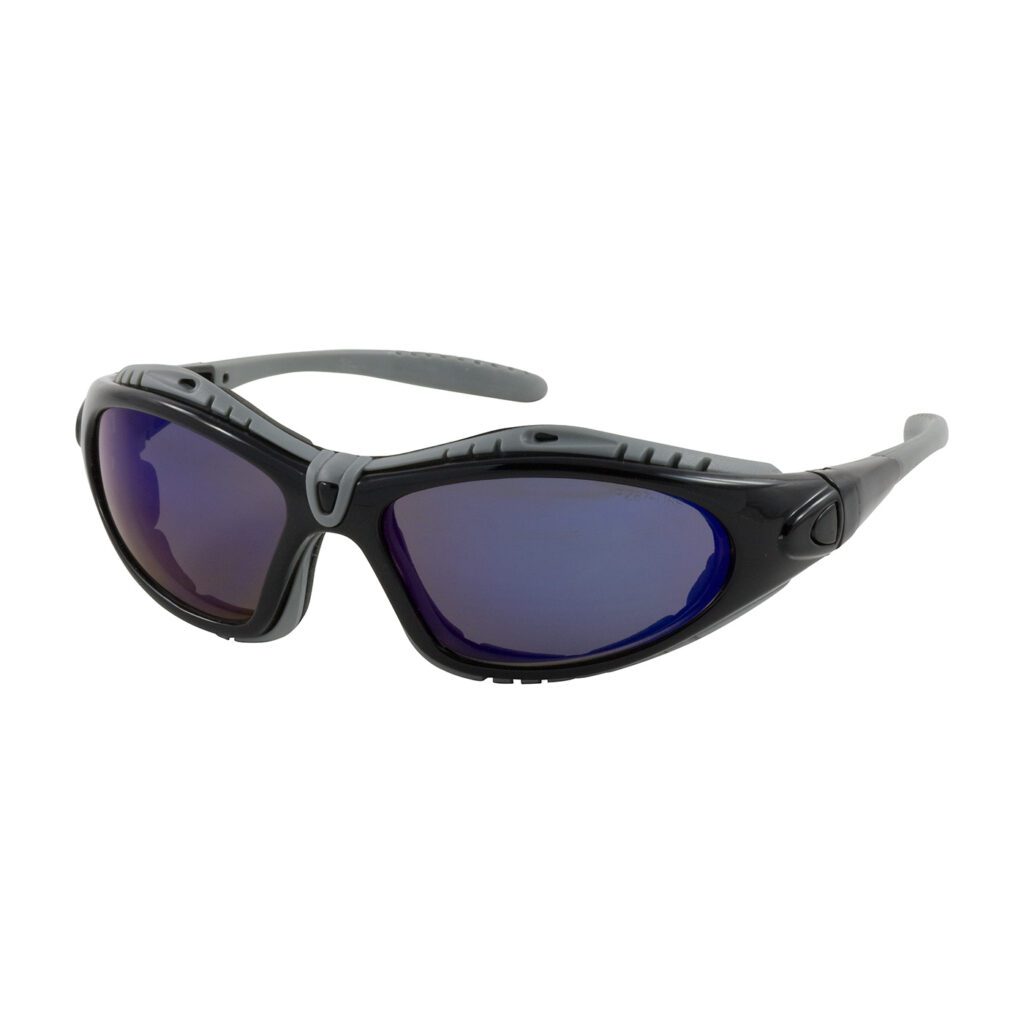 PIP Bouton® Optical Fuselage™ Full Frame Safety Glasses with Black Frame, Foam Padding, Blue Mirror Lens and Anti-Scratch / Anti-Fog Coating