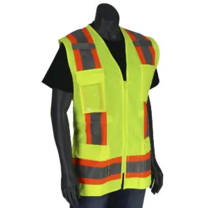 PIP® ANSI Type R Class 2 Women's Contoured Two-Tone Eleven Pocket Surveyors Vest with Solid Front/Mesh Back