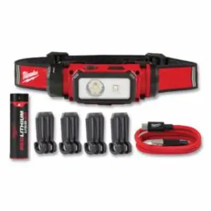 Milwaukee REDLITHIUM™ USB Hard Hat Headlamp, 1 USB Battery, 3.0 Ah, 600 lm, Red/Black, Incl Battery/USB-C Cord/Hat Clips
