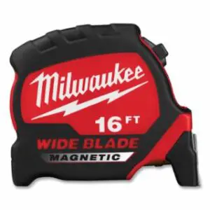 Milwaukee Wide Blade Tape Measure, 16 ft, 1.38 in W, SAE, Magnetic, Red/Black