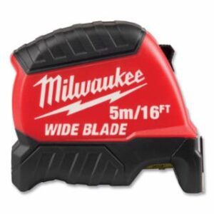 Milwaukee Wide Blade Tape Measure, 5 m/16 ft, Metric/SAE, Red/Black