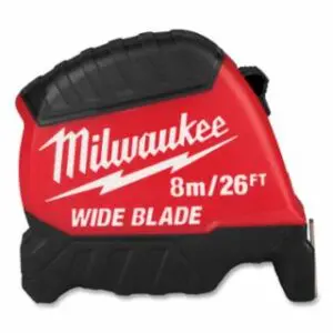 Milwaukee Wide Blade Tape Measure, 8 m/26 ft, Metric/SAE, Red/Black