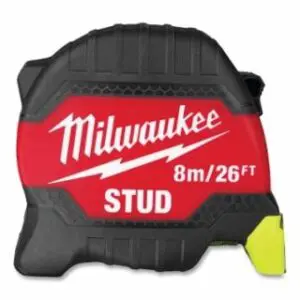 Milwaukee STUD™ Tape Measure, 8 m/26 ft, Metric/SAE, Two-Sided Printing, Hi-Vis Blade, Red/Black