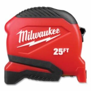 Milwaukee Compact Tape Measure, 25 ft, SAE, Single-Sided, Steel, Red/Black