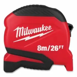 Milwaukee Compact Tape Measure, 8 m/26 ft, Metric/SAE, Single-Sided, Steel, Red/Black