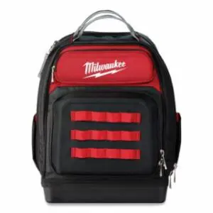 Milwaukee Jobsite Backpack, Ultimate, 1680D Ballistic Material, 48 Pockets, Black/Red, Includes Sternum Strap/Tape Measure Clip