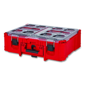 Milwaukee PACKOUT™ Tool Box, Deep Organizer, 50 lb Cap, 15.2 in W x 7 in H x 19.7 in L, Polymer/Metal, Red/Black/Clear