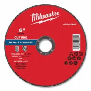 Milwaukee Metal Cut Off Wheel Type 1, 6 in dia, 0.045 in Thickness, 7/8 in Arbor dia, 46 Grit, Aluminum Oxide, 100/PK