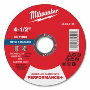 Milwaukee Performance+ Metal Cut Off Wheel Type 1, 4.5 in dia, 0.045 in Thickness, 7/8 in Arbor dia, 46 Grit, Aluminum Oxide, 100/PK