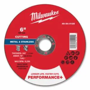 Milwaukee Performance+ Metal Cut Off Wheel Type 1, 6 in dia, 0.045 in Thickness, 7/8 in Arbor dia, 60 Grit, Aluminum Oxide