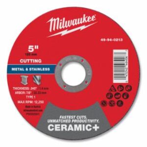 Milwaukee Ceramic+ Metal Cut Off Wheel Type 1, 5 in dia, 0.045 in Thickness, 7/8 in Arbor dia, 46 Grit, Ceramic, 12250 RPM