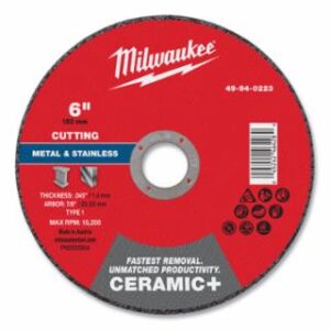 Milwaukee Ceramic+ Metal Cut Off Wheel Type 1, 6 in dia, 0.045 in Thickness, 7/8 in Arbor dia, 60 Grit, Ceramic, 10200 RPM