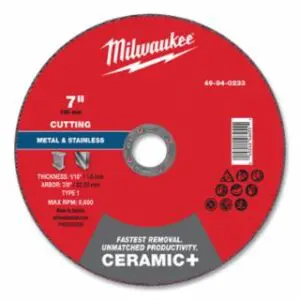 Milwaukee Ceramic+ Metal Cut Off Wheel Type 1, 7 in dia, 1/16 in Thickness, 7/8 in Arbor dia, 46 Grit, Ceramic, 8600 RPM