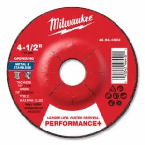 Milwaukee Type 27 Performance+ Metal Grinding Wheel, 4.5 in dia, 1/4 in Thickness, 7/8 in Arbor dia, 24 Grit, Zirconia Alumina, 10/PK