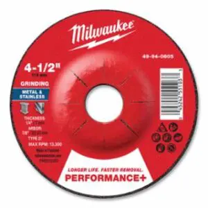 Milwaukee Type 27 Performance+ Metal Grinding Wheel, 4.5 in dia, 1/4 in Thickness, 7/8 in Arbor dia, 24 Grit, Zirconia Alumina, 25/PK