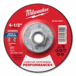 Milwaukee Type 27 Performance+ Metal Grinding Wheel, 4.5 in dia, 1/4 in Thickness, 5/8 in Arbor dia, 24 Grit, Zirconia Alumina