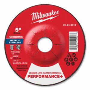 Milwaukee Type 27 Performance+ Metal Grinding Wheel, 5 in dia, 1/4 in Thickness, 7/8 in Arbor dia, 24 Grit, Zirconia Alumina, 25/PK