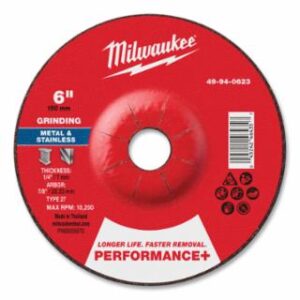 Milwaukee Type 27 Performance+ Metal Grinding Wheel, 6 in dia, 1/4 in Thickness, 7/8 in Arbor dia, 24 Grit, Zirconia Alumina, 10/PK