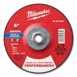 Milwaukee Type 27 Performance+ Metal Grinding Wheel, 6 in dia, 1/4 in Thickness, 7/8 in Arbor dia, 24 Grit, Zirconia Alumina, 5/PK