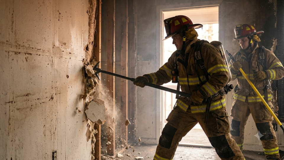 Firefighter using a pike pole for forcible entry