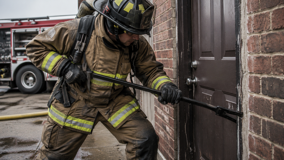 Firefighter using a Halligan bar to force open a door