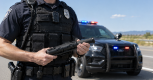 Police officer holding tire deflation device